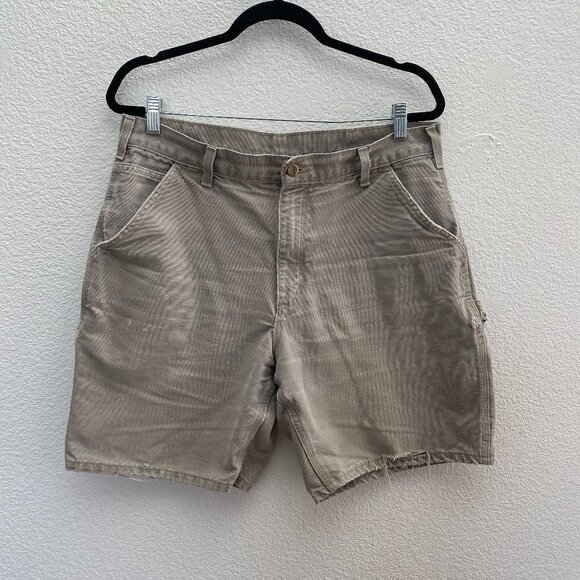 Carhartt Washed Duck Work Shorts Cargo Beige Tan 34 Workwear Distressed Stained - Picture 1 of 7